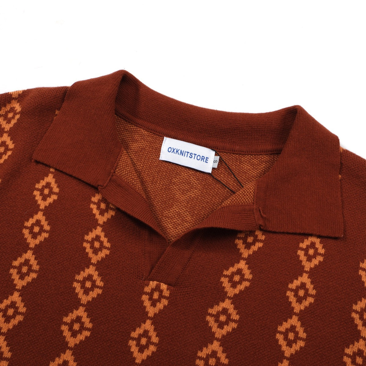 Chemise rétro en tricot des années 70 pour homme – Polo à manches courtes géométrique en teintes rouille et orange