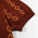 Chemise rétro en tricot des années 70 pour homme – Polo à manches courtes géométrique en teintes rouille et orange
