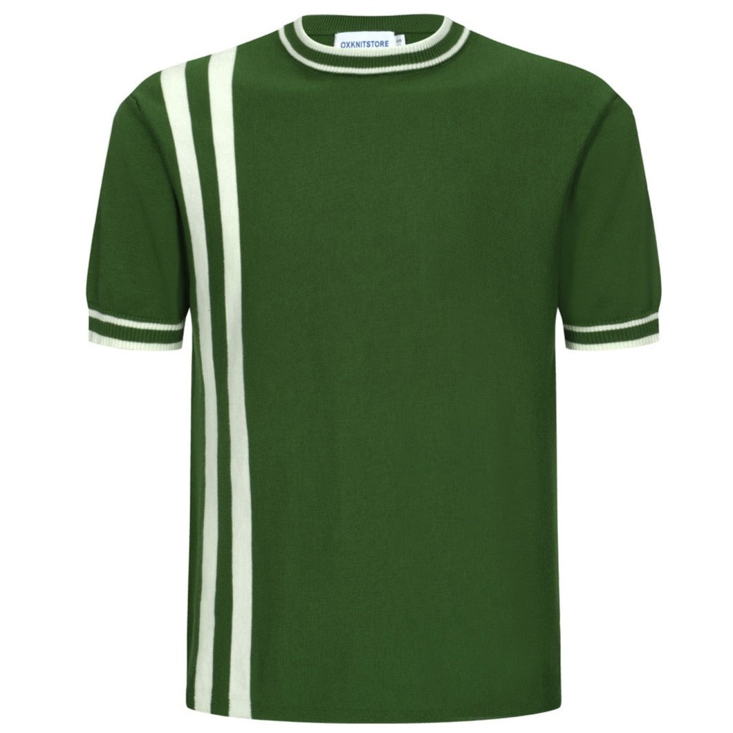 Retro 70s Green Knit T-Shirt – White Striped Racing Style