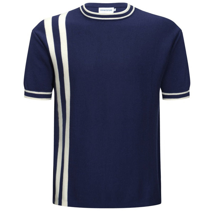 T-shirt bleu marine à rayures blanches pour homme – Style rétro des années 70