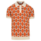 Pull en tricot à losanges orange pour homme, style universitaire des années 70