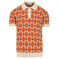 Pull en tricot à losanges orange pour homme, style universitaire des années 70