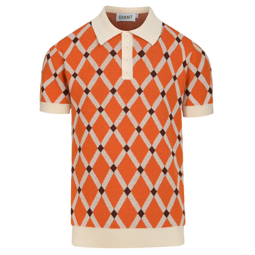 Pull en tricot à losanges orange pour homme, style universitaire des années 70
