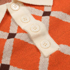 Pull en tricot à losanges orange pour homme, style universitaire des années 70