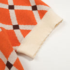 Pull en tricot à losanges orange pour homme, style universitaire des années 70