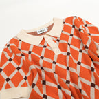 Pull en tricot à losanges orange pour homme, style universitaire des années 70