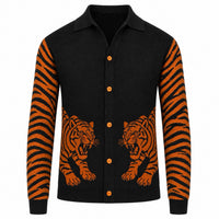 Vintage Rock Noir Cardigan en Tricot pour Homme avec Motif Tigre Jacquard