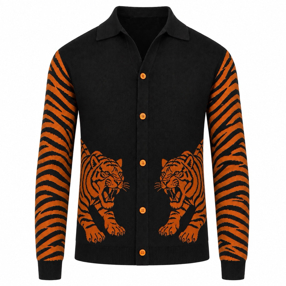 Vintage Rock Noir Cardigan en Tricot pour Homme avec Motif Tigre Jacquard