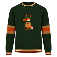 Pull vintage vert pour homme avec broderie de renard au style universitaire