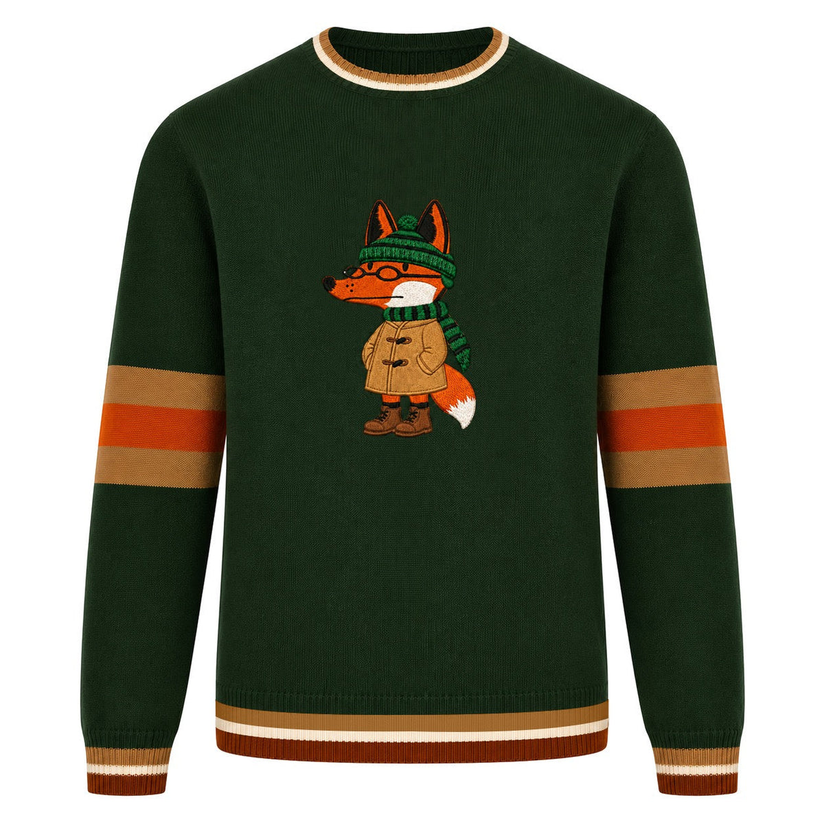 Pull vintage vert pour homme avec broderie de renard au style universitaire