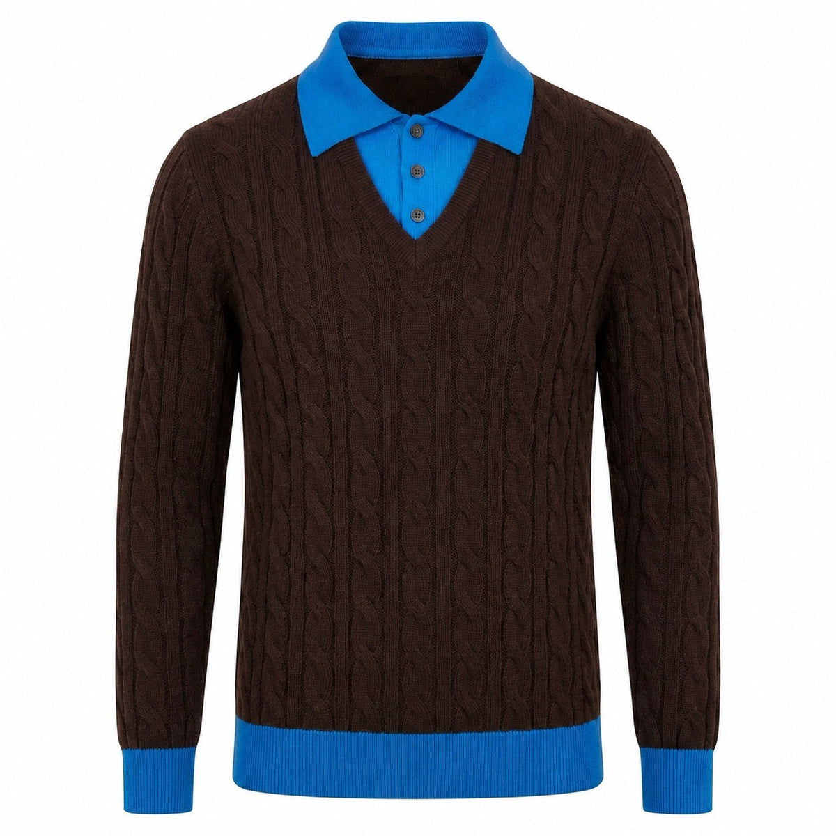 Pull en tricot pour homme marron vintage avec motifs colorés et effet superposé