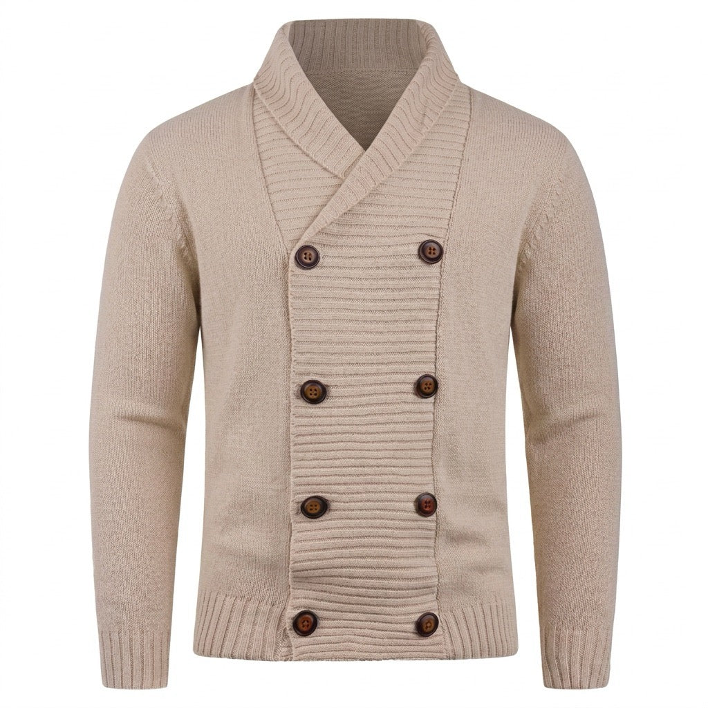 Cardigan beige vintage pour homme avec col châle croisé et double boutonnage