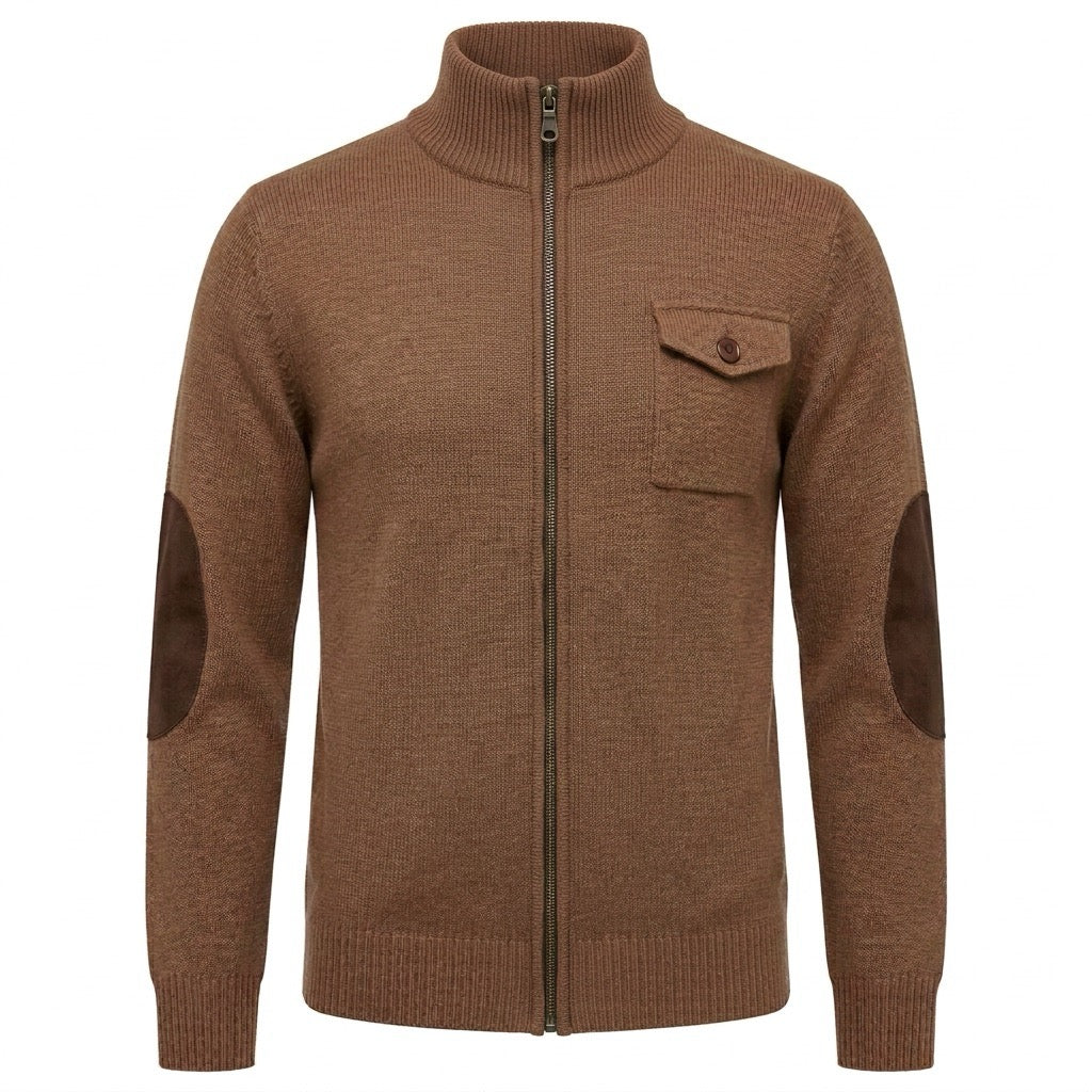 Cardigan zippé vintage marron pour homme avec coudières