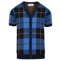 Cardigan rétro en tricot pour homme, col en V, motif à carreaux britanniques en bleu