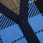 Cardigan rétro en tricot pour homme, col en V, motif à carreaux britanniques en bleu