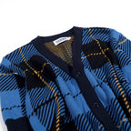 Cardigan rétro en tricot pour homme, col en V, motif à carreaux britanniques en bleu