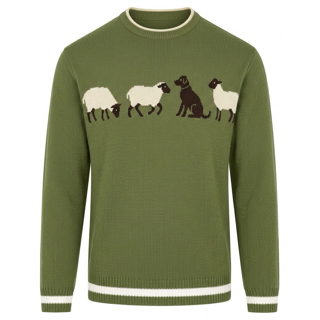 Pull en maille jacquard vert pour homme, style pastoral des années 70 avec motif animalier