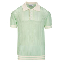 Polo côtier en maille rétro vert menthe à motifs ajourés pour homme
