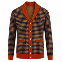 Cardigan en maille à col châle pour homme, motif pied-de-poule vintage années 70, style gentleman universitaire