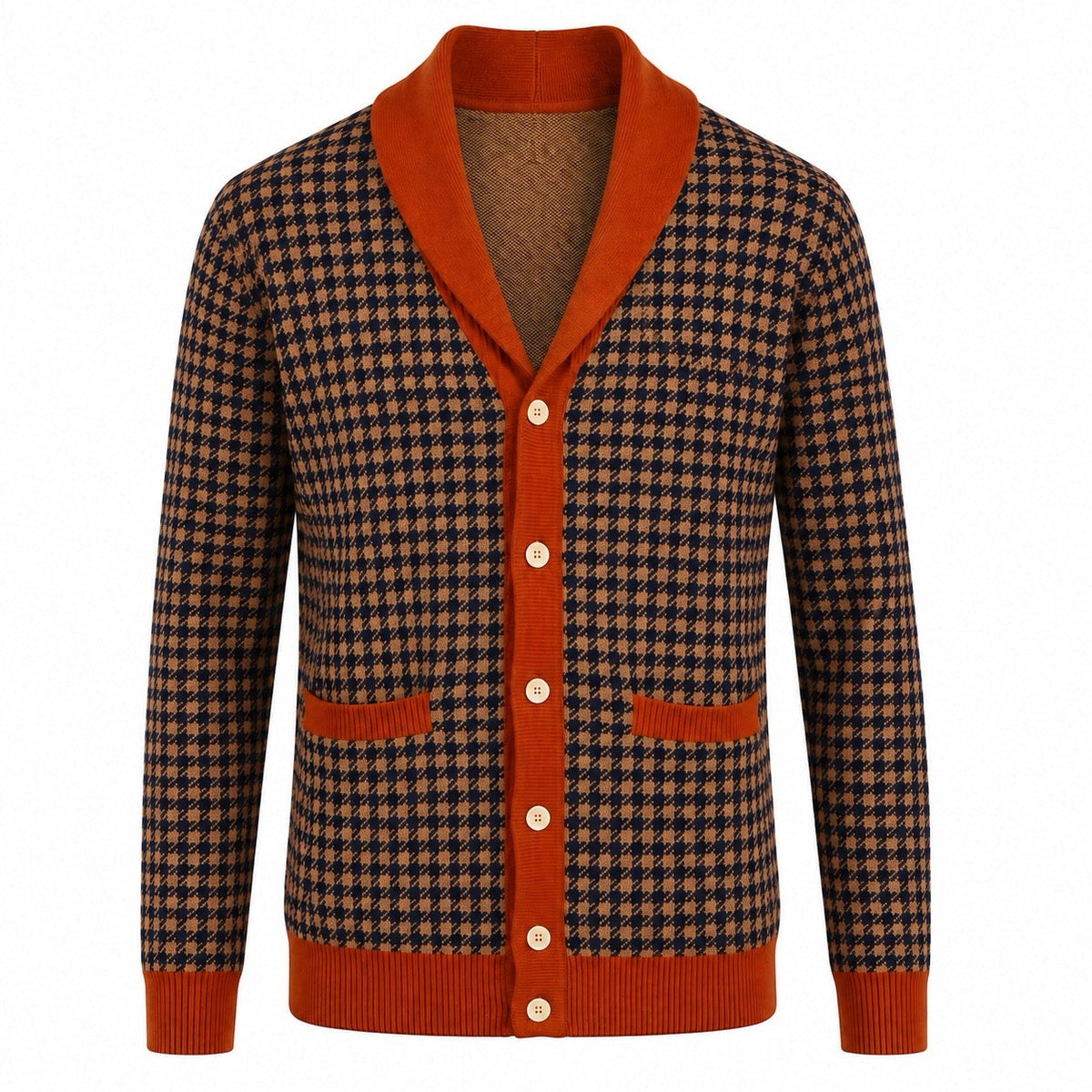 Cardigan en maille à col châle pour homme, motif pied-de-poule vintage années 70, style gentleman universitaire