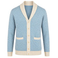 Cardigan en maille bleu pour homme, style preppy années 60 avec col châle