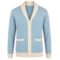 Cardigan en maille bleu pour homme, style preppy années 60 avec col châle