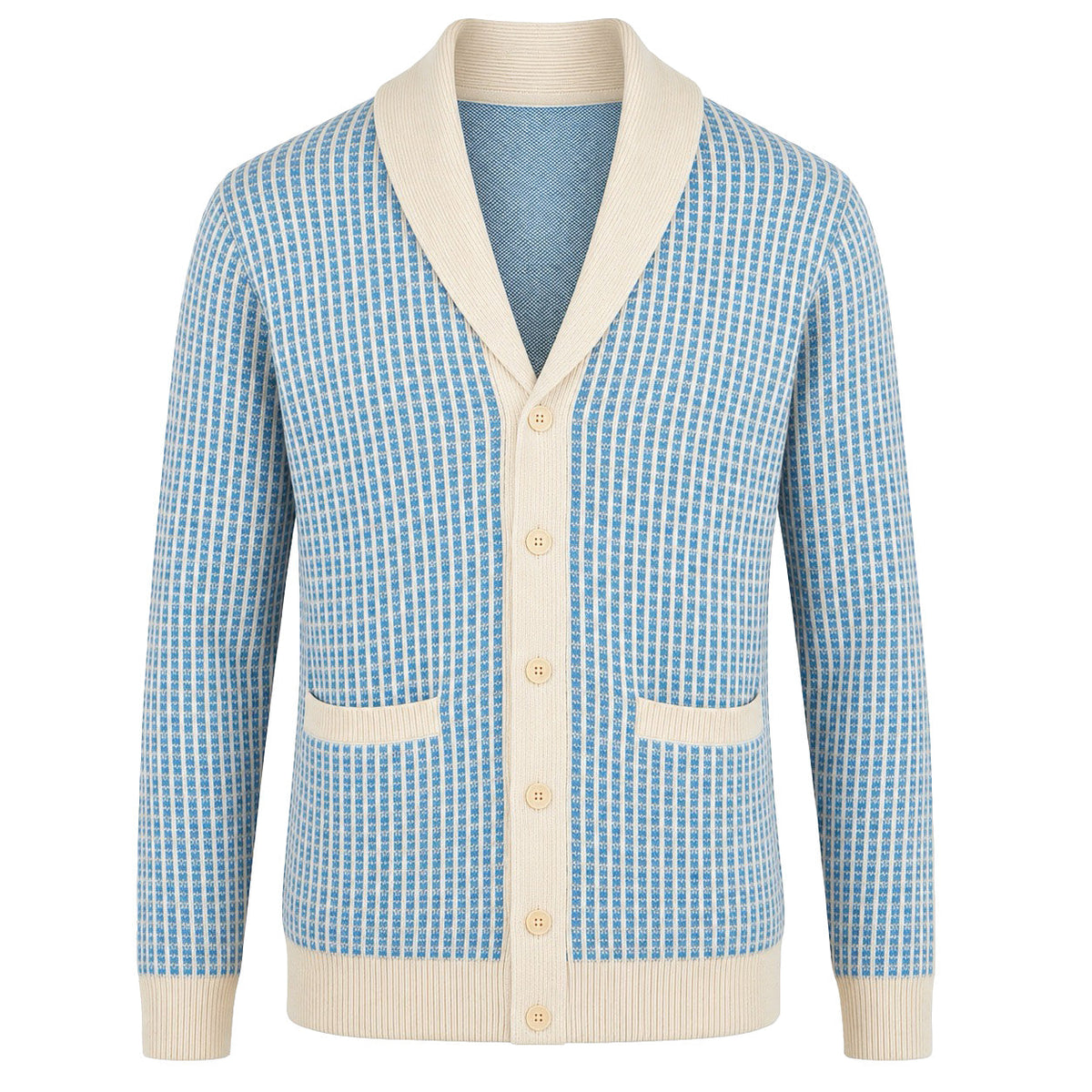 Cardigan en maille bleu pour homme, style preppy années 60 avec col châle