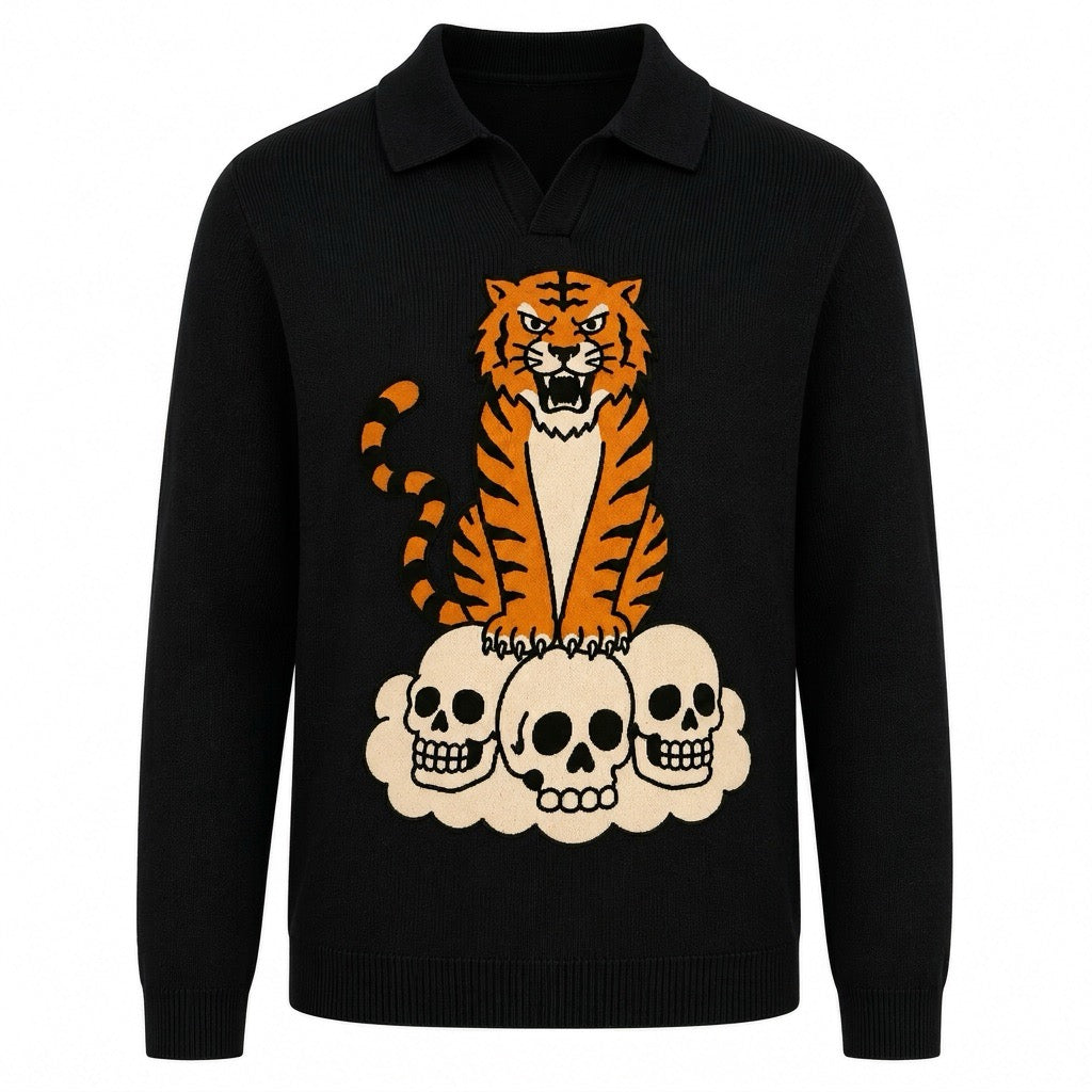 Pull vintage noir en maille jacquard pour homme - style polo