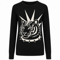 Pull en jacquard tricoté vintage noir pour femmes, style punk rock animal amusant