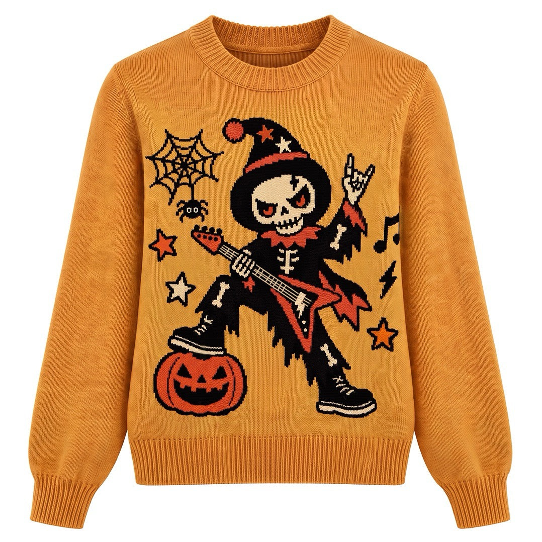 Pull en Jacquard Tricot Orange Punk Rock Halloween Femme des Années 70