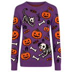 Pull en tricot jacquard pour femmes, motif squelette animal violet pour Halloween