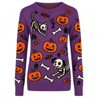Pull en tricot jacquard pour femmes, motif squelette animal violet pour Halloween