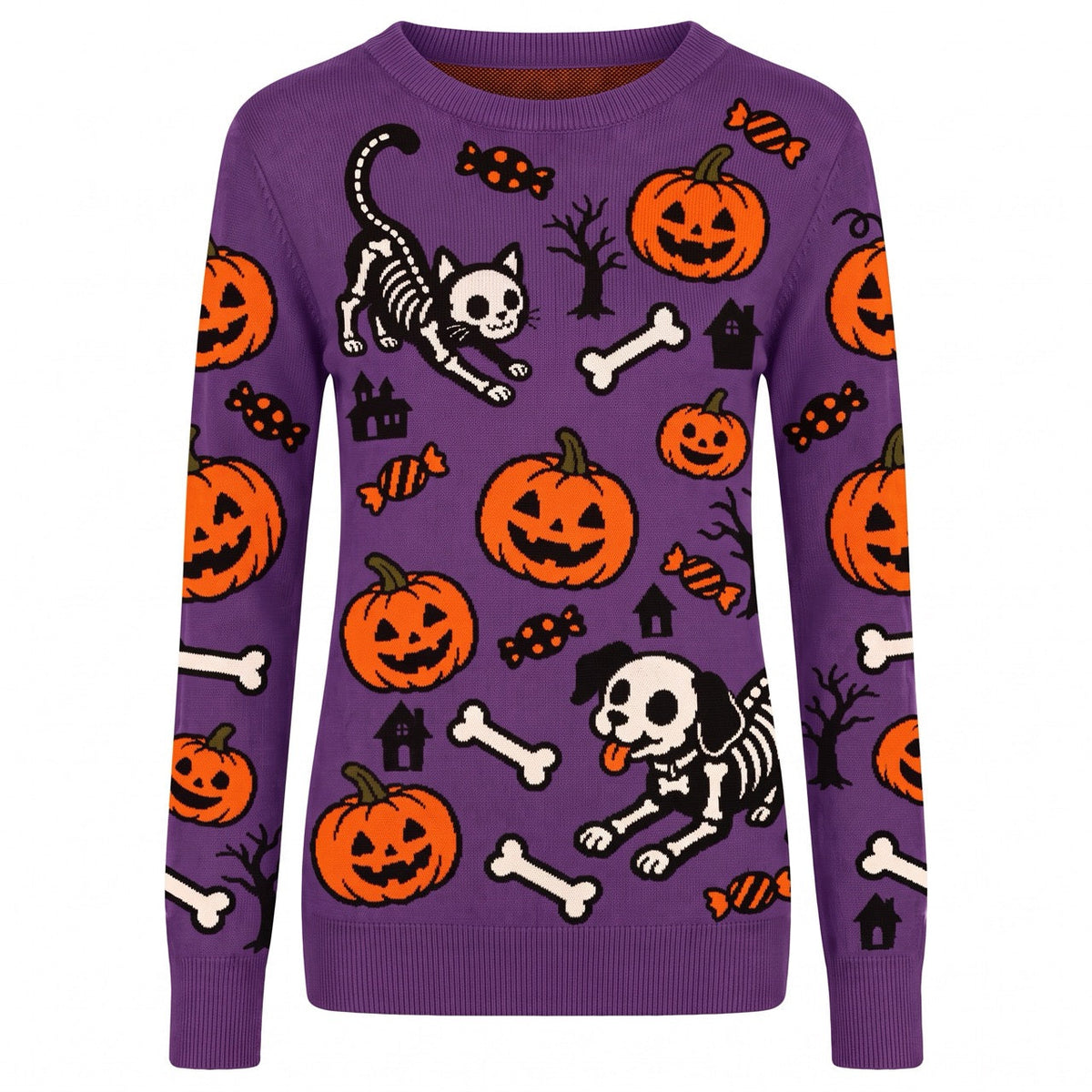 Pull en tricot jacquard pour femmes, motif squelette animal violet pour Halloween