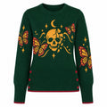 Pull en jacquard tricoté gothique noir et vert avec crâne et papillon pour femmes