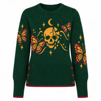 Pull en jacquard tricoté gothique noir et vert avec crâne et papillon pour femmes