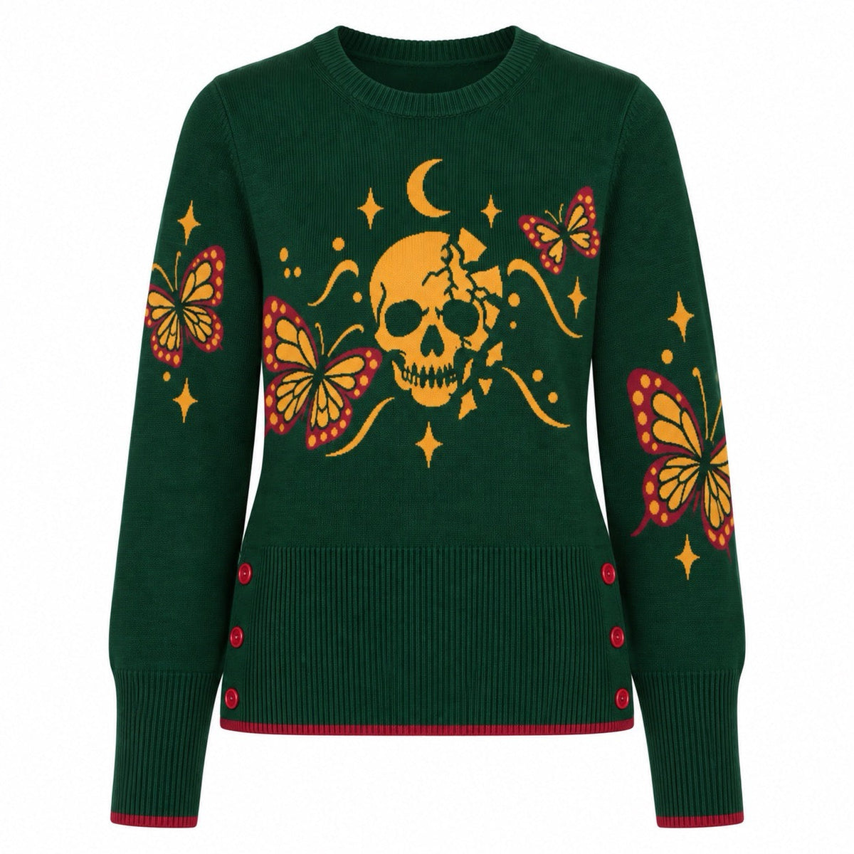 Pull en jacquard tricoté gothique noir et vert avec crâne et papillon pour femmes