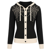 Cardigan Tricoté à Capuche Jacquard Gothique Vintage Noir pour Femmes - Longueur Croppée
