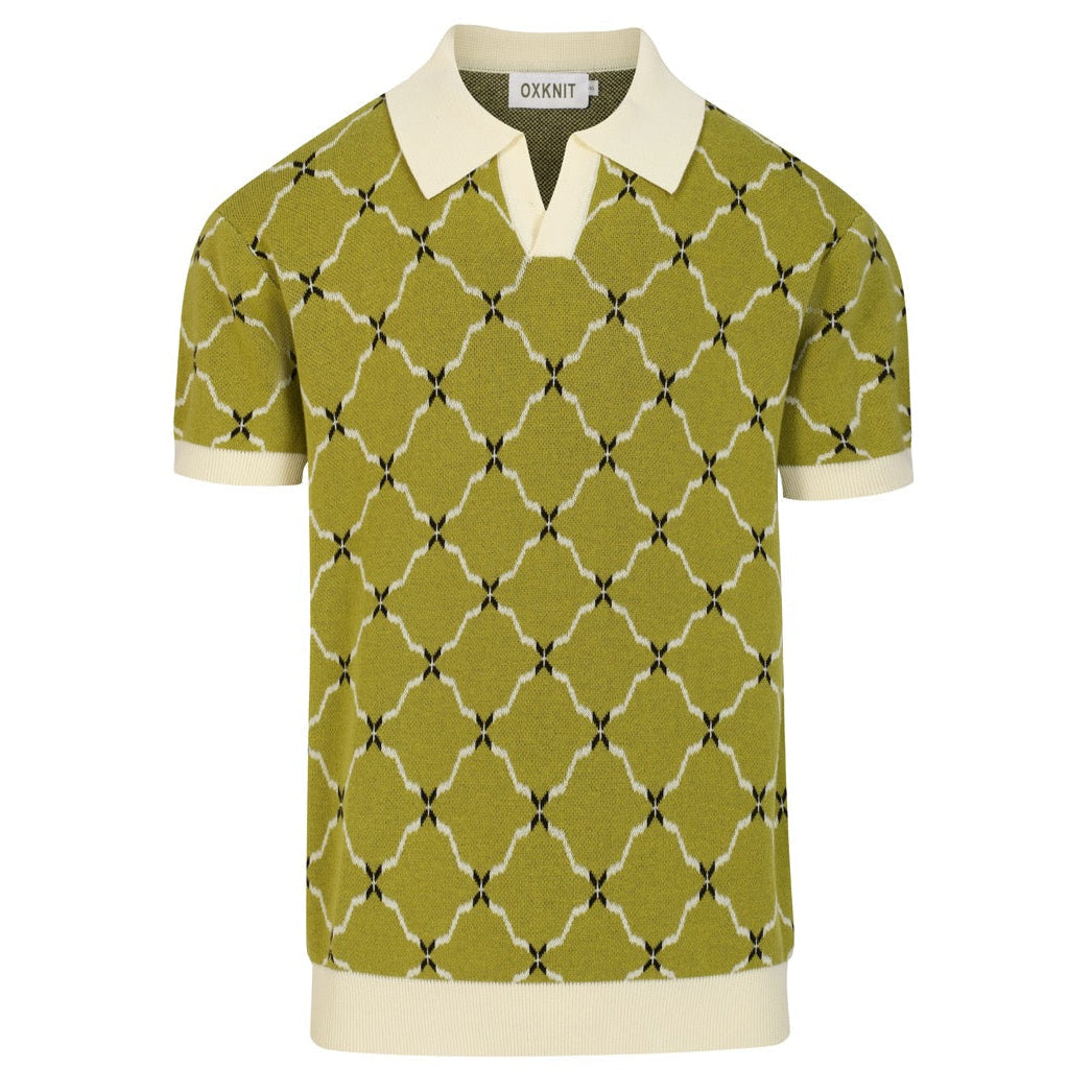 Vintage Green Jacquard Knit Polo T-Shirt for Men