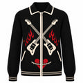Cardigan en tricot à col polo vintage rock punk noir pour hommes