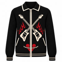 Cardigan en tricot à col polo vintage rock punk noir pour hommes