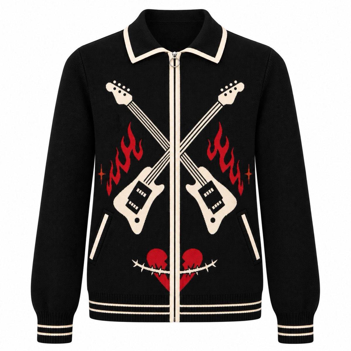 Cardigan en tricot à col polo vintage rock punk noir pour hommes