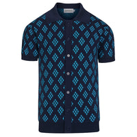 Cardigan en maille à motif losange rétro des années 60 pour homme - bleu foncé