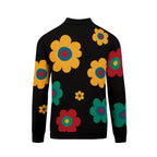 Cardigan en Maille Jacquard Noir avec Motifs Floraux Colorés Années 70 pour Homme