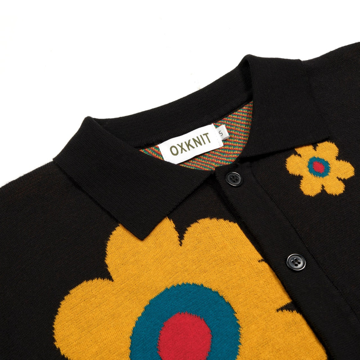 Cardigan en Maille Jacquard Noir avec Motifs Floraux Colorés Années 70 pour Homme