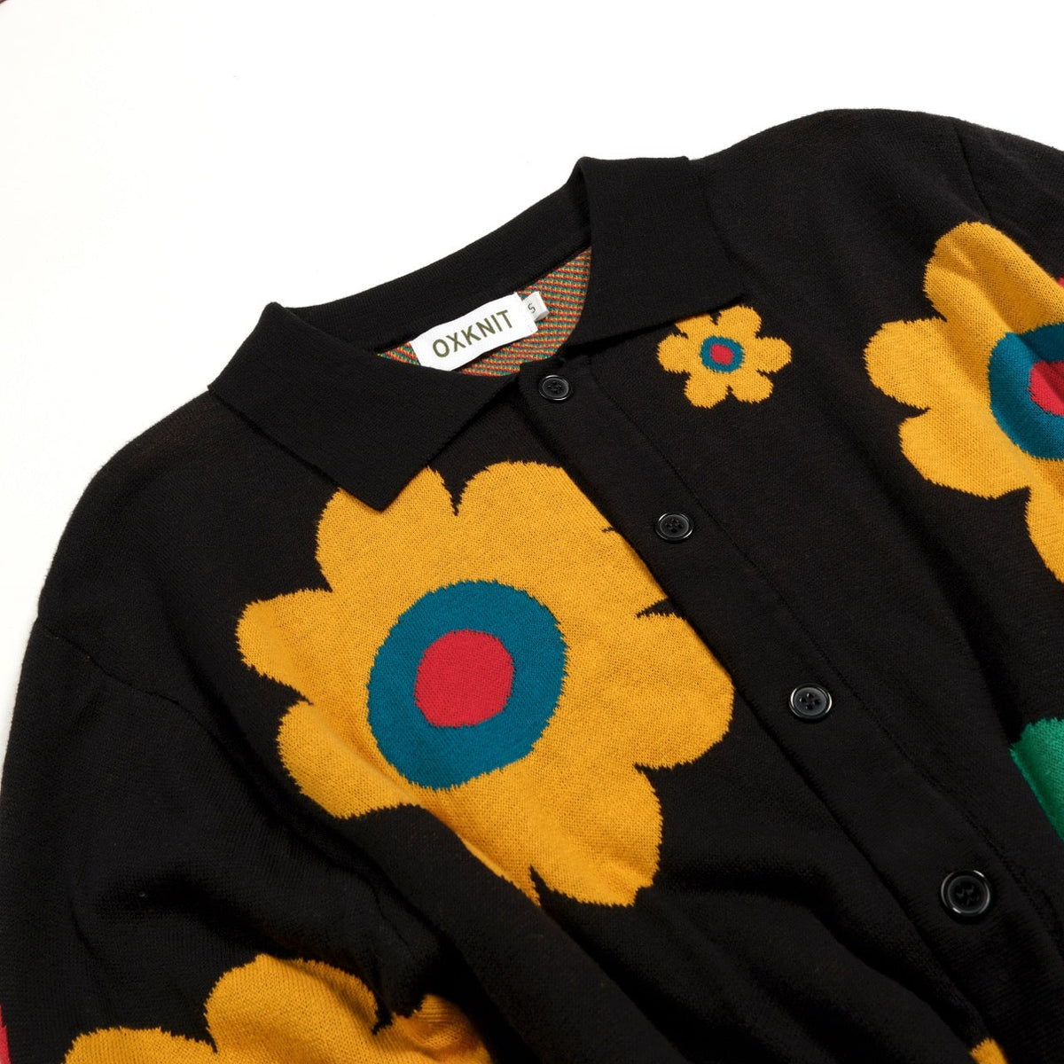 Cardigan en Maille Jacquard Noir avec Motifs Floraux Colorés Années 70 pour Homme
