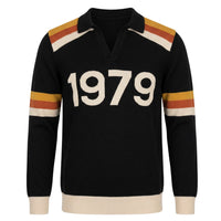 Pull rétro noir en maille jacquard pour homme, style polo 1979