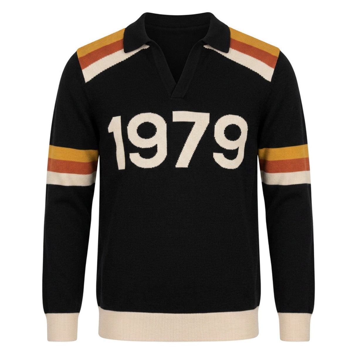 Pull rétro noir en maille jacquard pour homme, style polo 1979