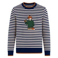 Pull vintage à rayures universitaires pour homme avec motif de renard brodé