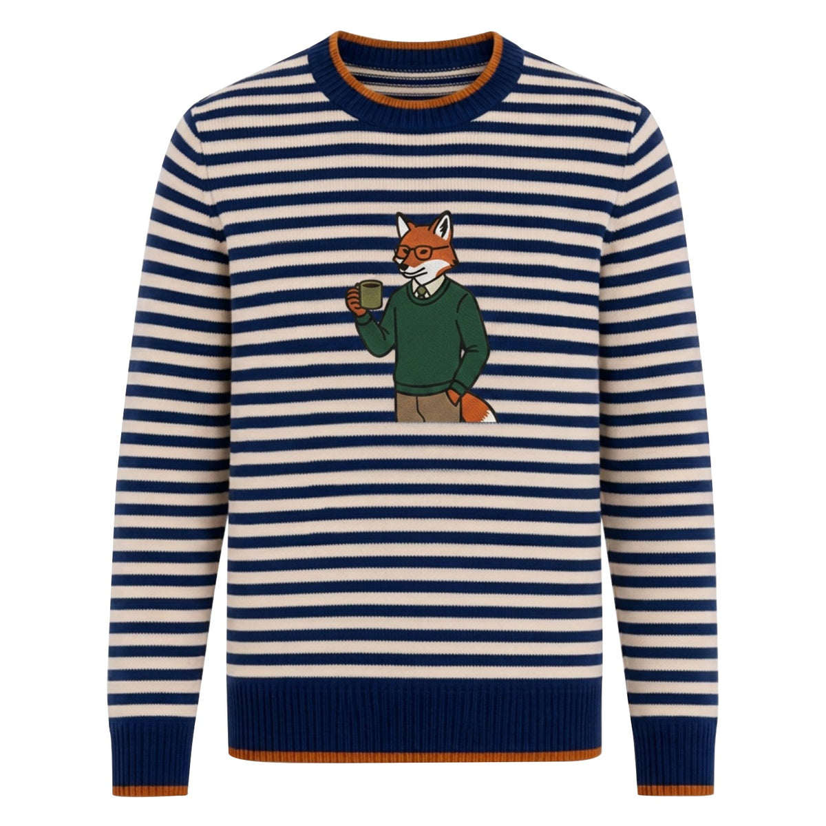 Pull vintage à rayures universitaires pour homme avec motif de renard brodé