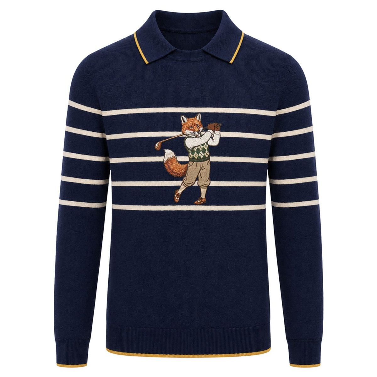Pull en tricot bleu marine pour homme avec broderie de renard joueur - Golf
